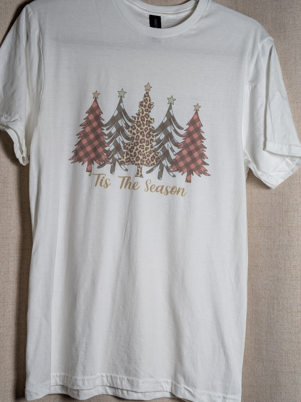 Gildan White Holiday Graphic Tee with Buffalo Plaid & Leopard Trees